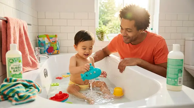 Adult staying close during bath time while a toddler plays with cups
