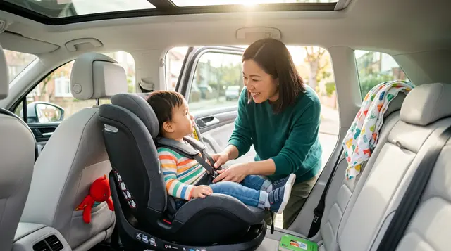 Parent checking a car seat harness and fit before driving
