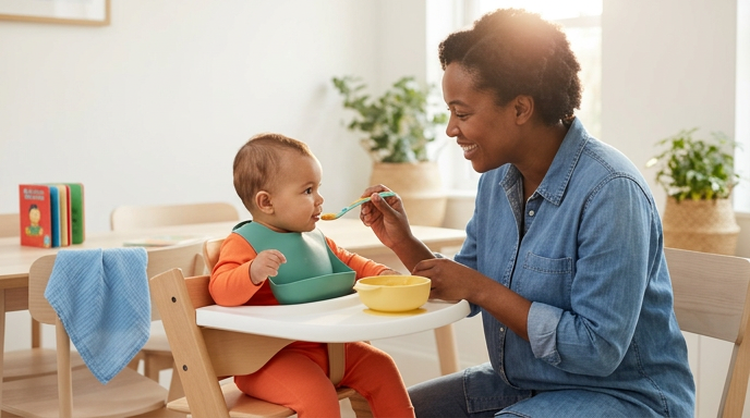 Parent staying close while a baby tries first solid foods