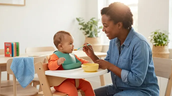 Parent staying close while a baby tries first solid foods