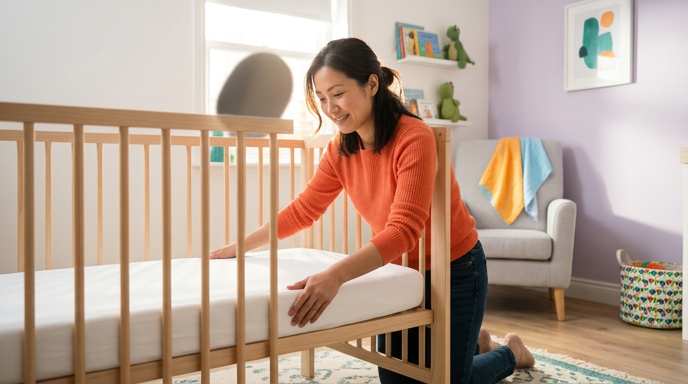 Clear cot with a firm mattress and nothing loose inside