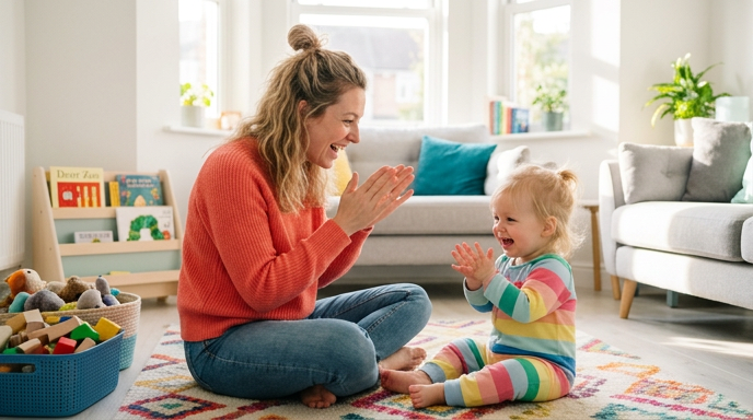 Toddler copying a simple play idea at home