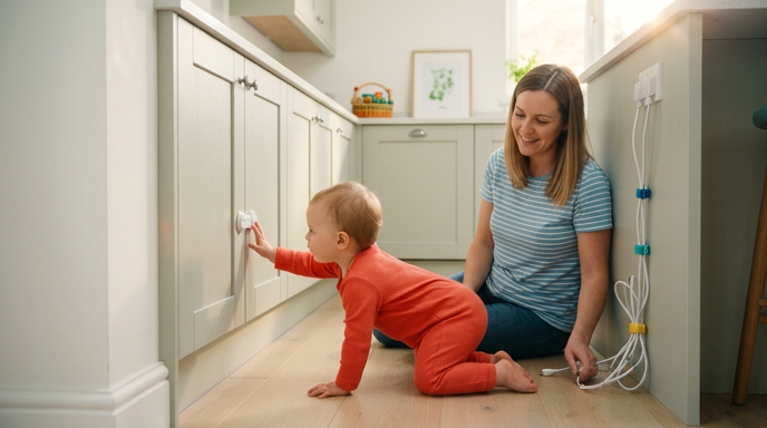 High cupboard tidy keeping small household gadgets out of a toddler’s reach