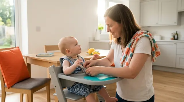 Parent checking a highchair harness sits snug on a seated baby