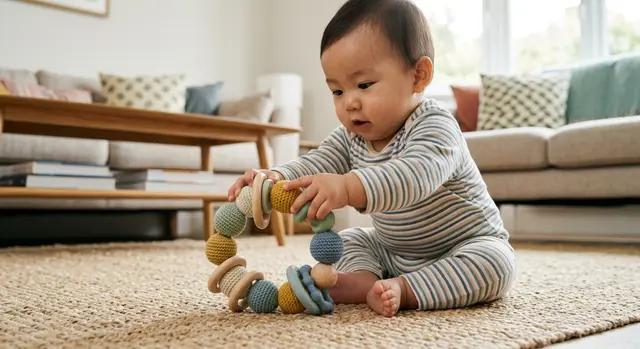 Simple toys a sitting baby can grab, hold and pass from hand to hand