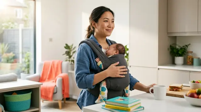 Parent practising a soft carrier sling fit before baby arrives