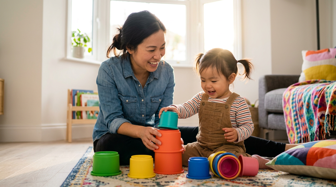 Toddler stacking nesting cups on the floor
