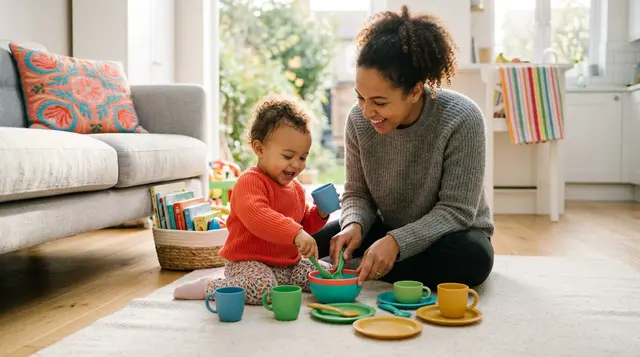Toy cups and spoons set out for tipping and simple pretend
